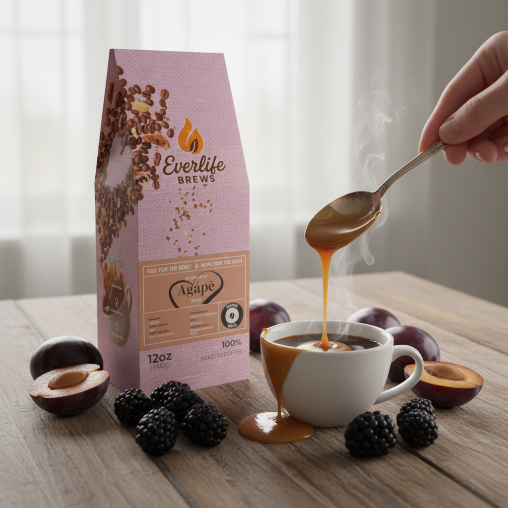 Agape coffee with blackberries, plums, and caramel