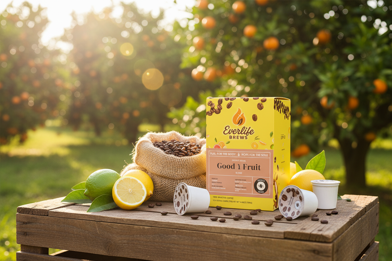 Everlife Brews Good Fruit pods box in citrus orchard