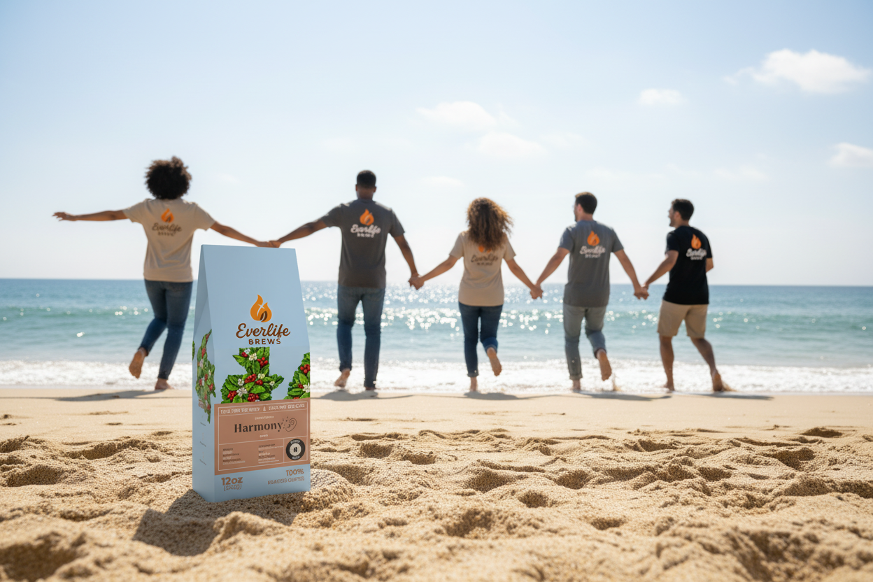 Everlife Brews Harmony beach scene with people running to ocean