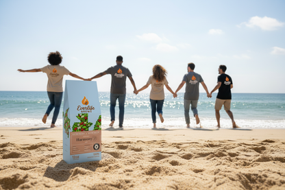 Everlife Brews Harmony beach scene with people running to ocean