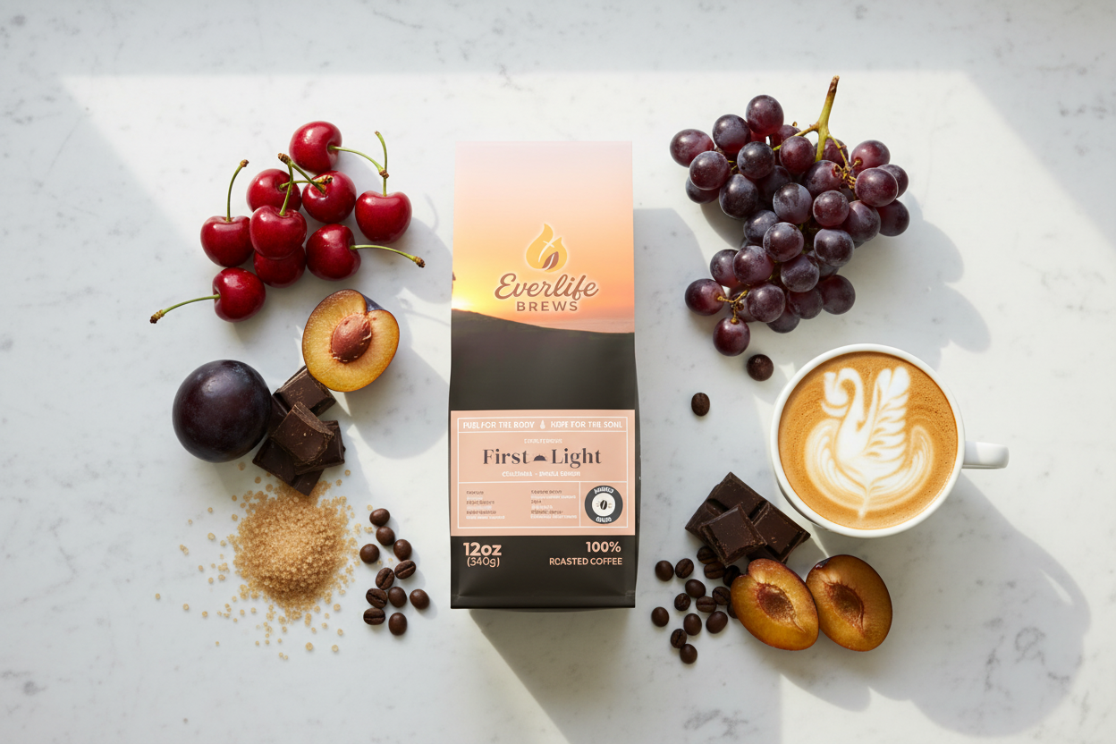 First Light Colombian with latte art and flavor notes