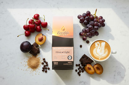 First Light Colombian with latte art and flavor notes