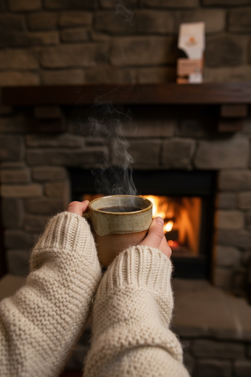 Hands with coffee by the fireplace