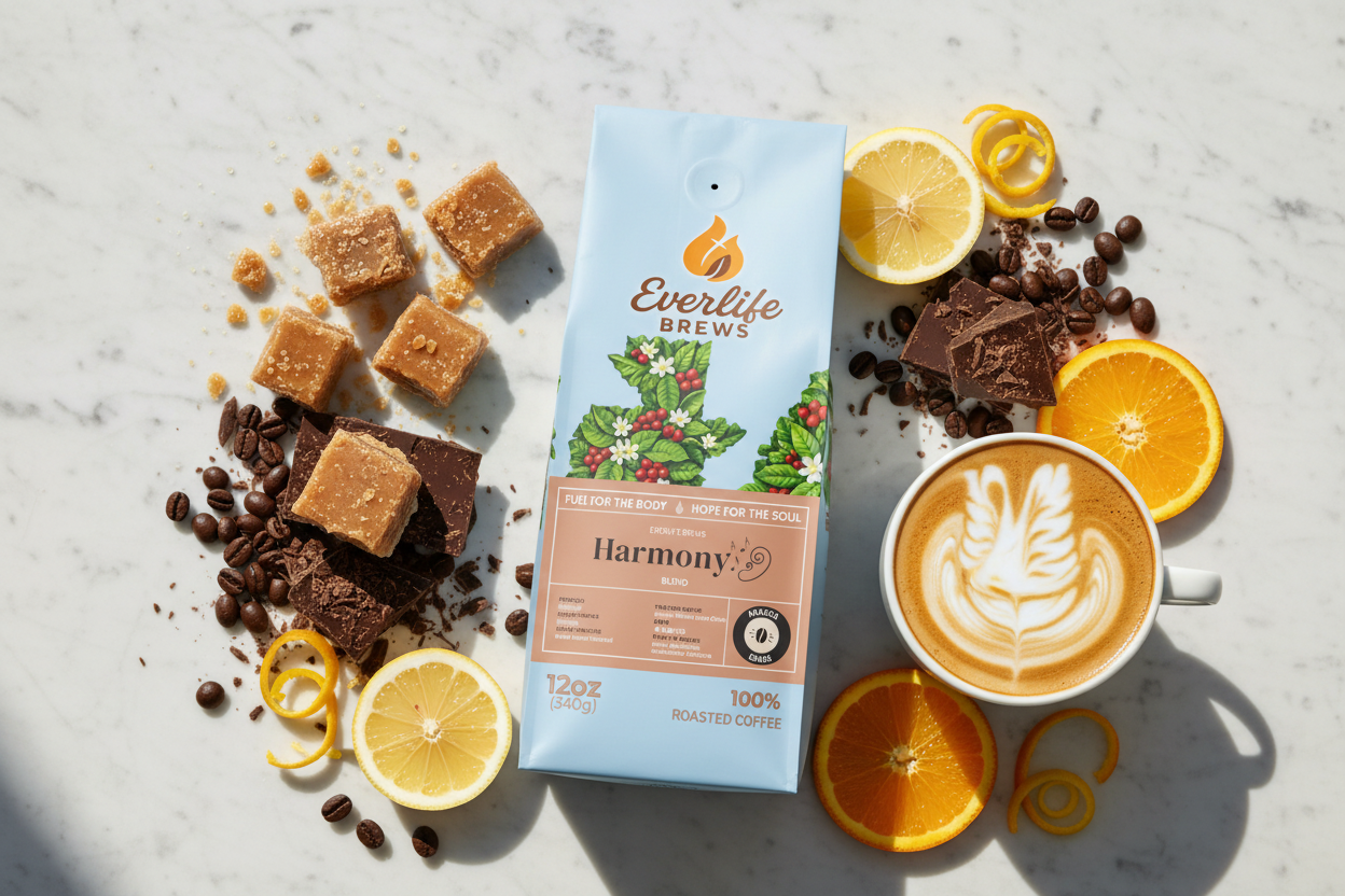 Harmony Blend with appetizing latte art and flavor notes