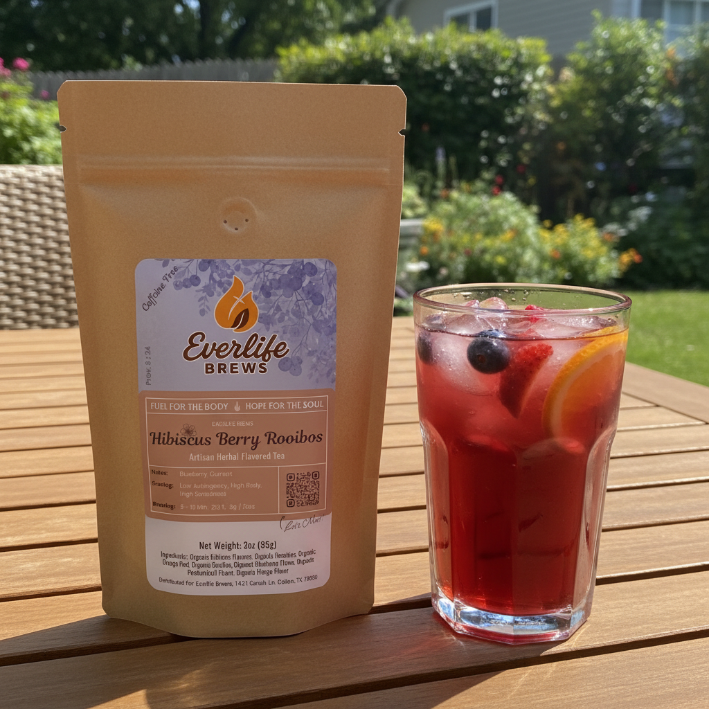 Iced hibiscus tea with correct product bag
