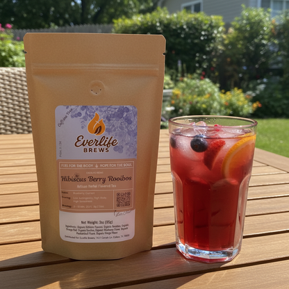 Iced hibiscus tea with correct product bag