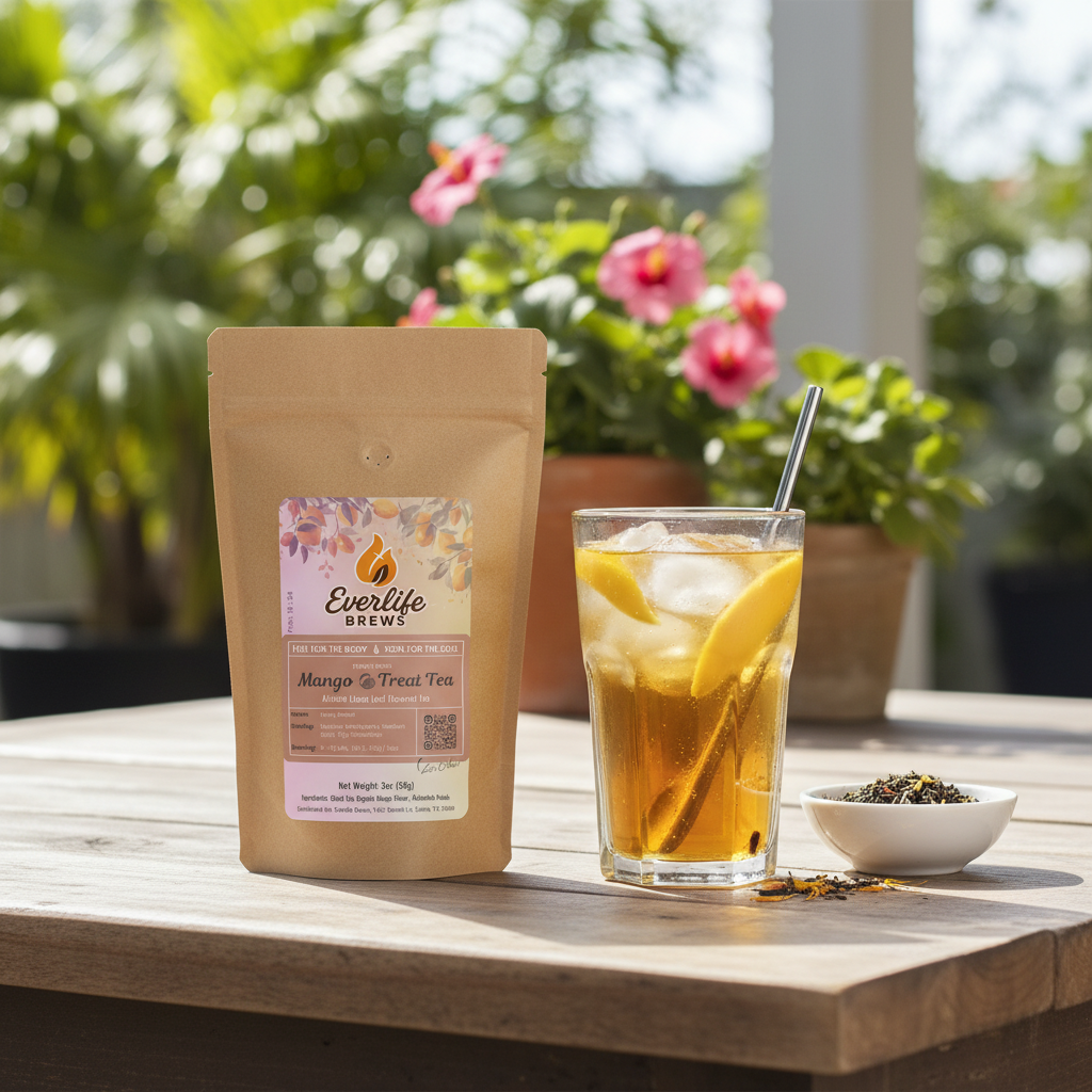 Iced mango tea on patio