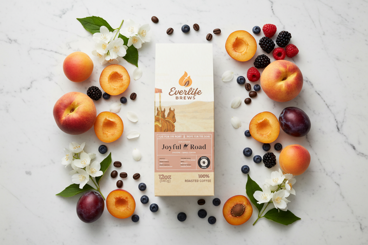 Joyful Road Coffee – Jasmine, Stone Fruits & Berries Flat Lay