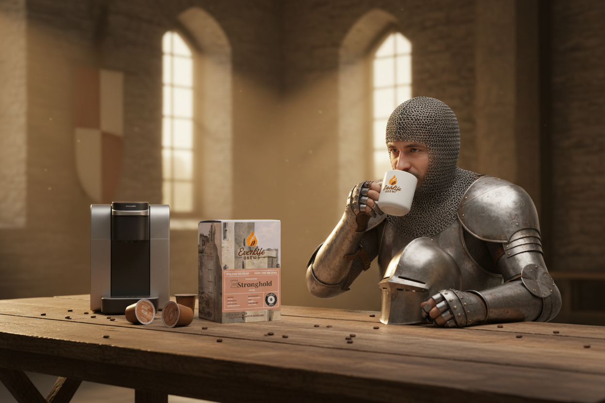 Medieval soldier with Everlife Brews in castle - refined version