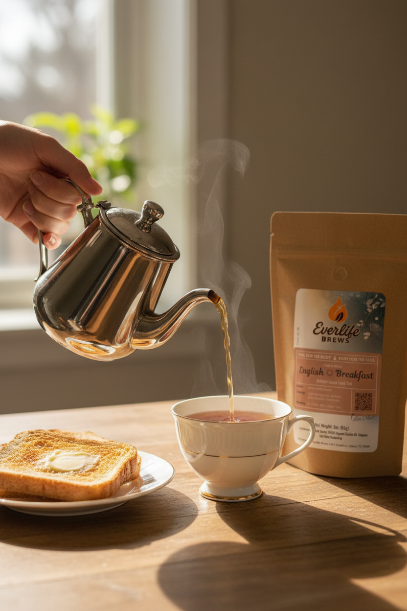 Pouring English Breakfast tea at breakfast