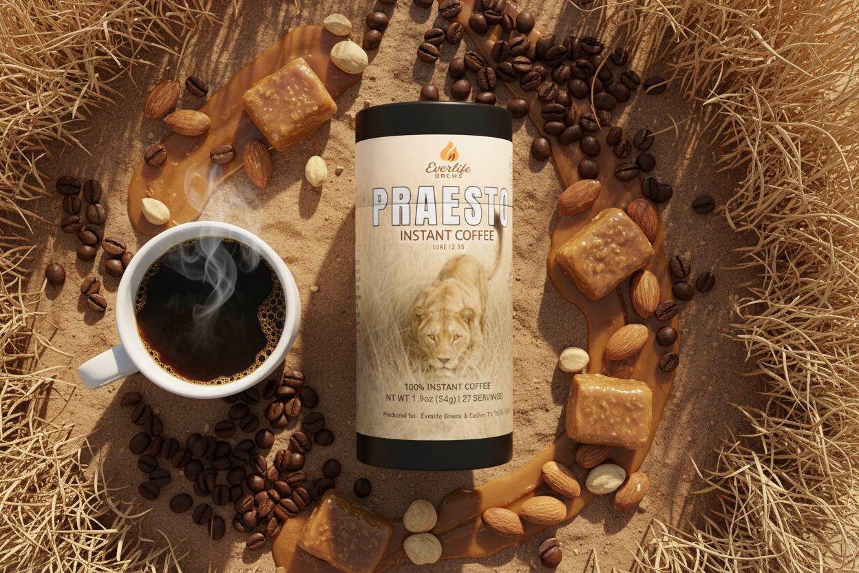 Praesto Instant Coffee with savanna backdrop