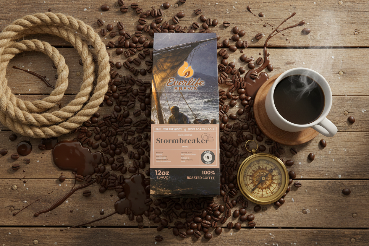 Stormbreaker Blend on ship deck with black coffee