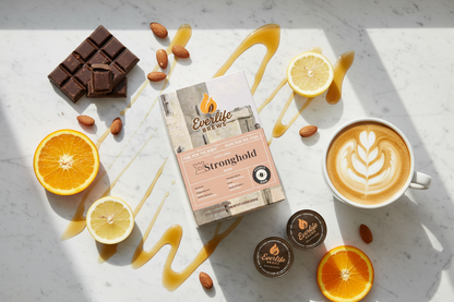 Stronghold Blend with latte art and flavor notes