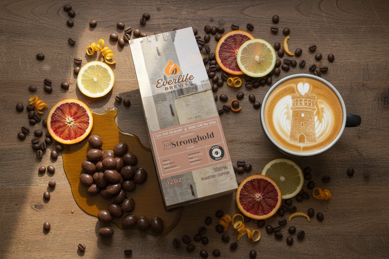 Stronghold Blend with watchtower latte art and flavor notes