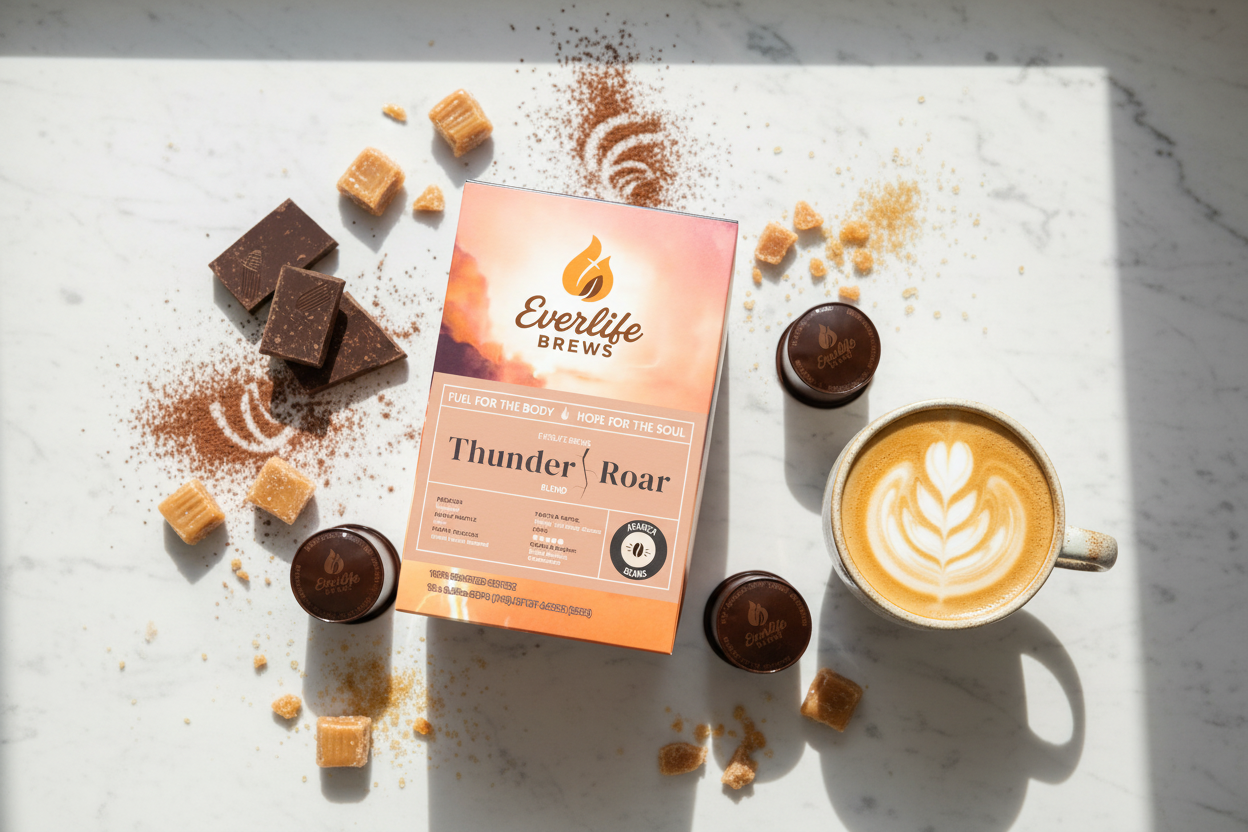 Thunder Roar Blend with latte art and flavor notes