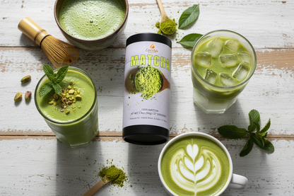 Variety of matcha drinks overhead